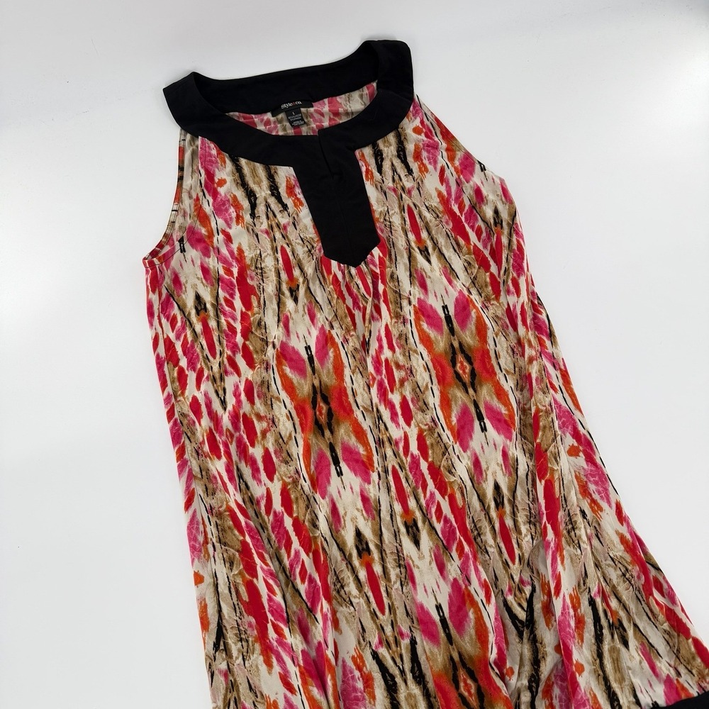 Style & Co Tank Top Abstract Ikat Sleeveless Tunic‎ Women Size L Pink Orange Tan